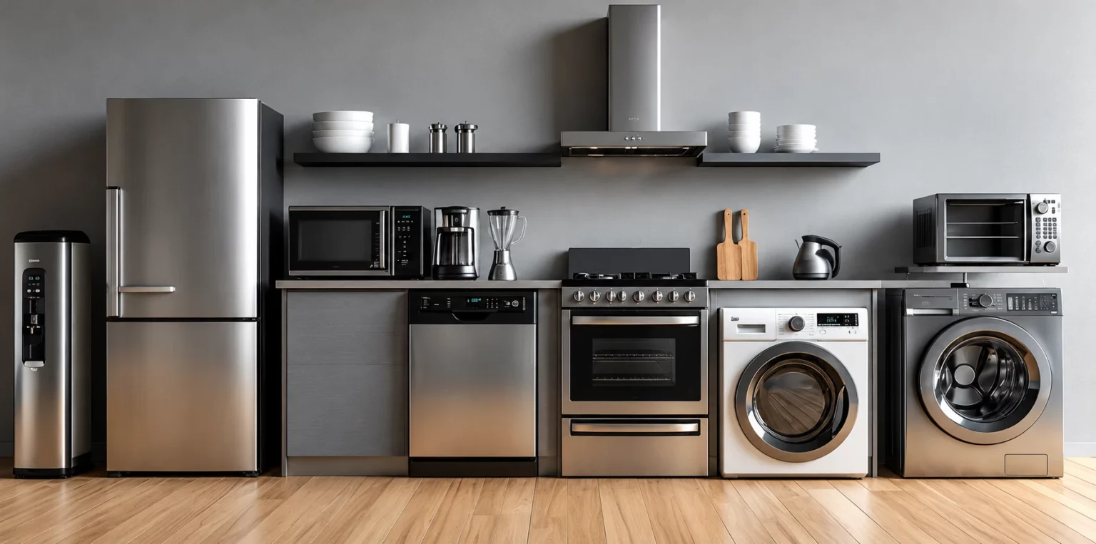 Réfrigérateur, cuisinière, lave-vaisselle et lave-linge en inox