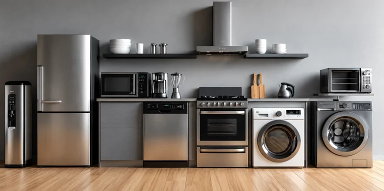 Réfrigérateur, cuisinière, lave-vaisselle et lave-linge en inox