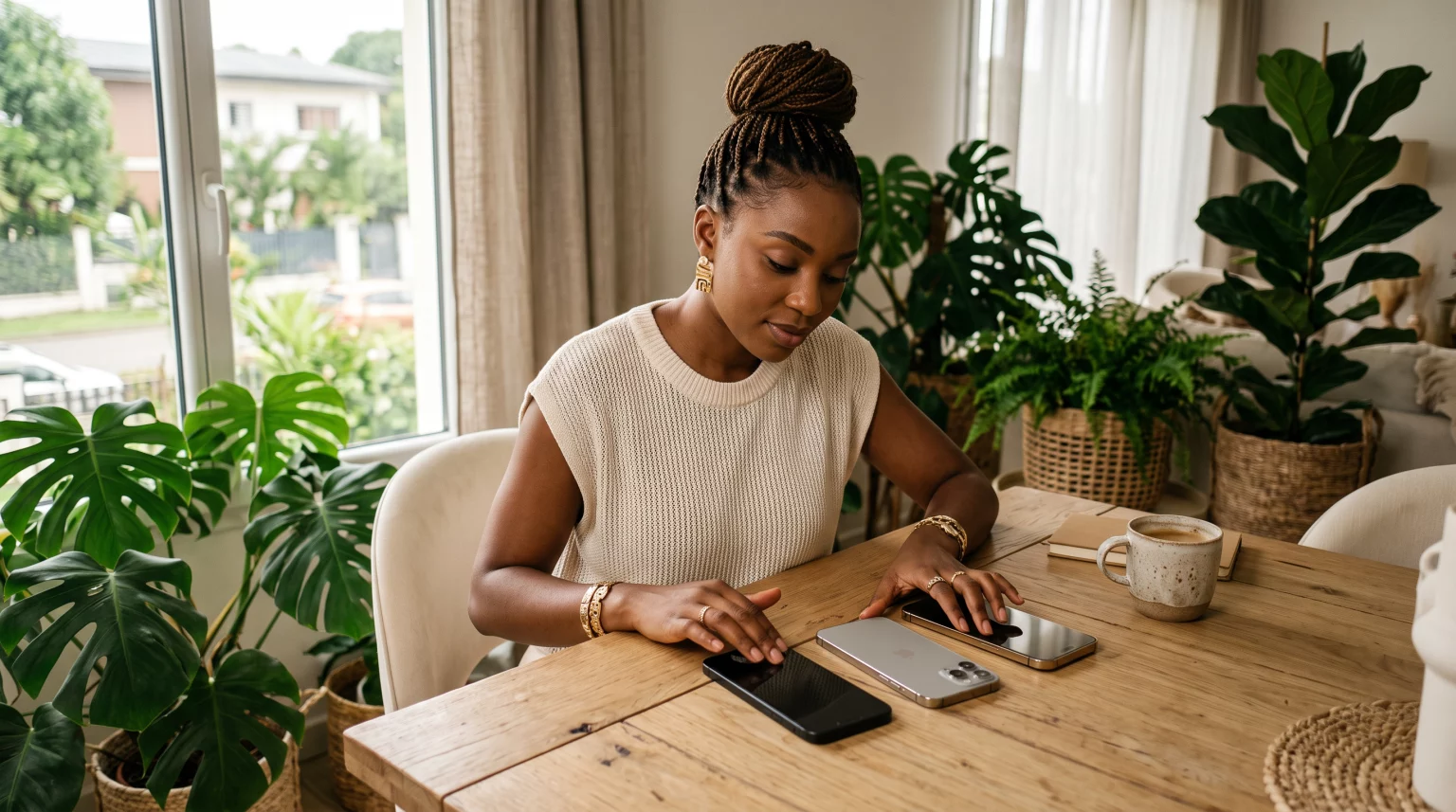 Femme comparant trois smartphones sur une table dans un appartement à Douala