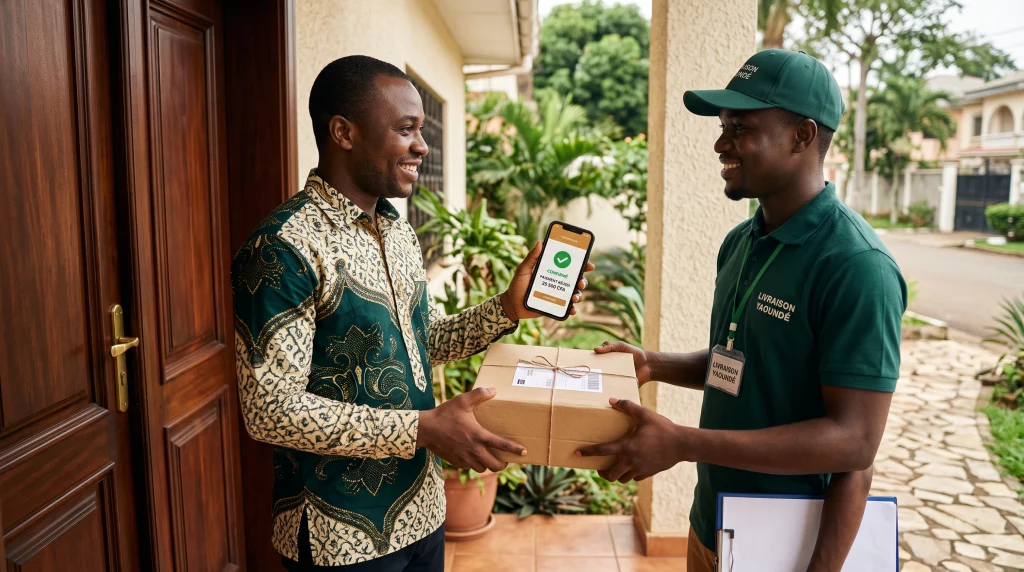 Client recevant son colis à domicile avec paiement Mobile Money confirmé