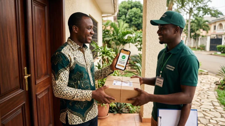 Client recevant son colis à domicile avec paiement Mobile Money confirmé