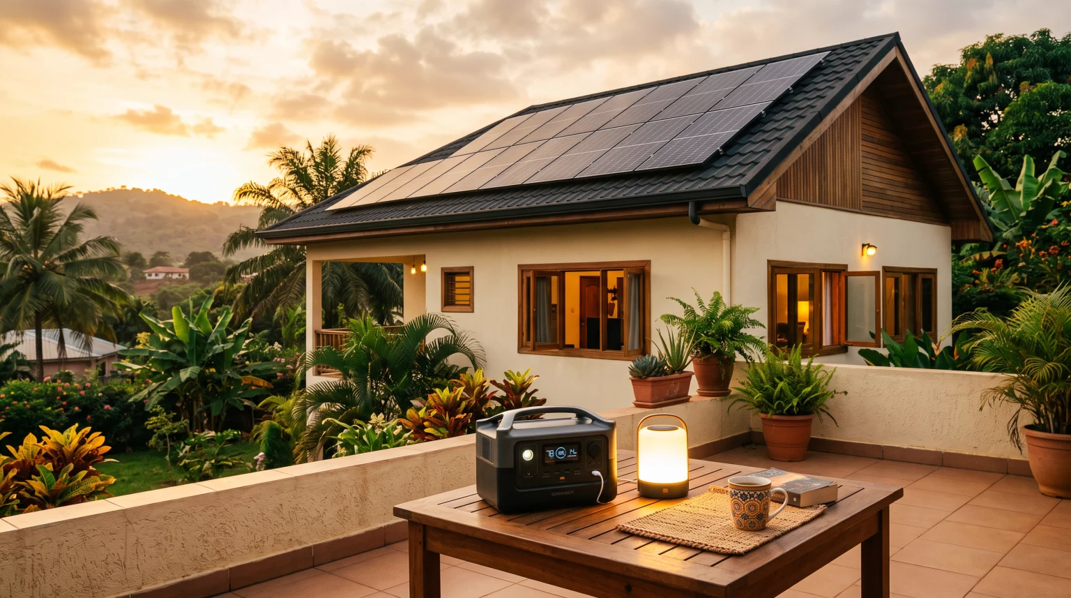 Maison avec panneaux solaires et station électrique portable sur la terrasse