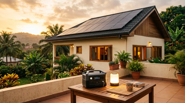 Maison avec panneaux solaires et station électrique portable sur la terrasse
