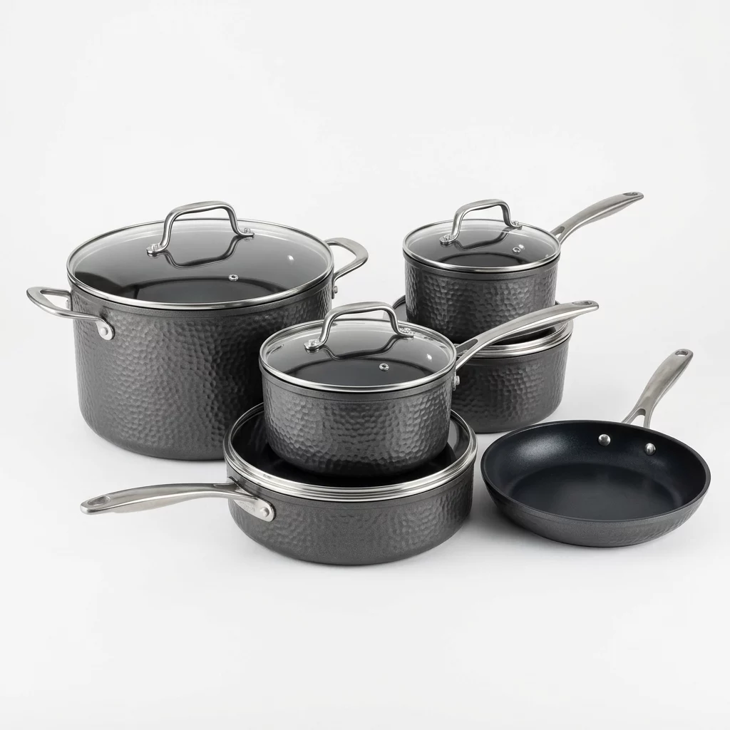Batterie de cuisine motif martelé MOMCOC J19b10 - 10 pièces (visuel non contractuel)