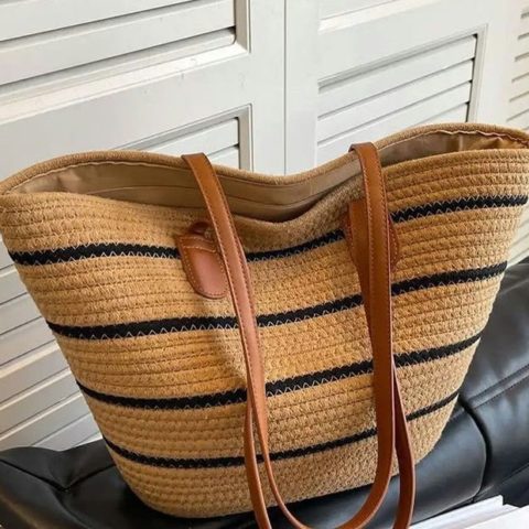 Sac cabas en corde tressée camel rayé noir à anses camel